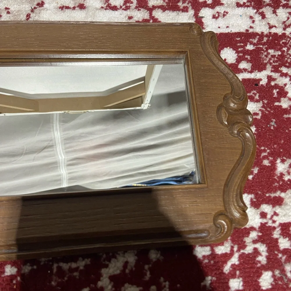 Vintage Ornate Baroque Detail Mirror, Rectangle, Faux Wood Frame.